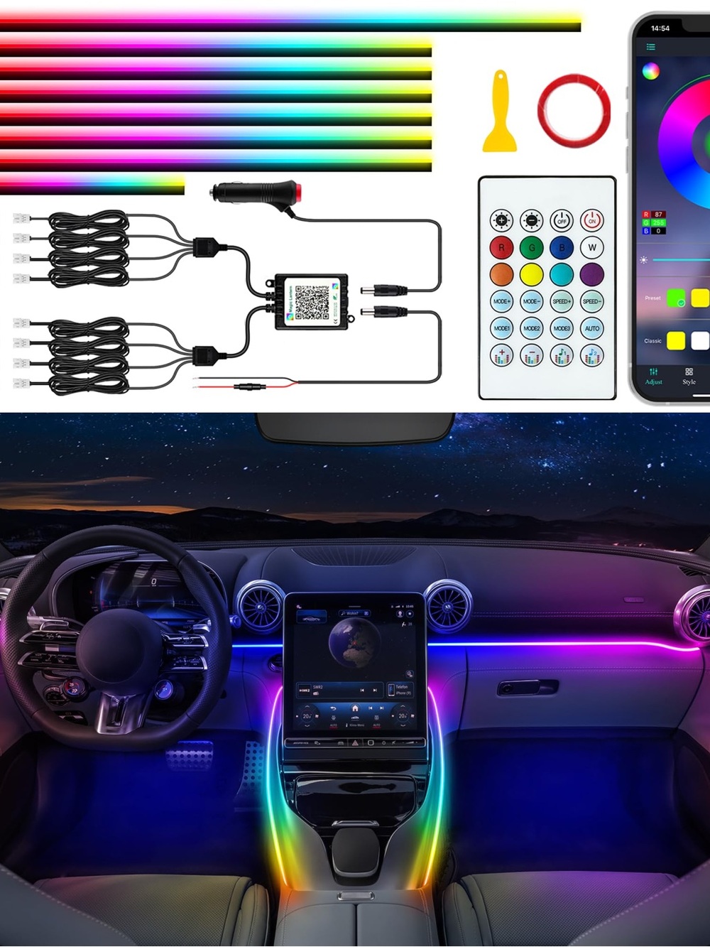 RGB LED Car Interior Light Strip Kit with Remote and App Control - Multi-Color